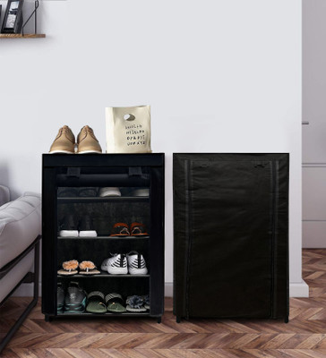 RAXON WORLD 4-Layer Shoe Rack with Dustproof Cover – Compact & Durable Collection Metal Collapsible Shoe Stand(Black, 4 Shelves, DIY(Do-It-Yourself))