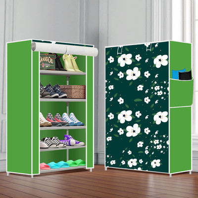Outpack Foldable Plastic Shoe Rack Compact/Lightweight/Sturdy for Indoor Storage 5 Shelf Plastic Collapsible Shoe Stand(Print Blue, 5 Shelves, DIY(Do-It-Yourself))
