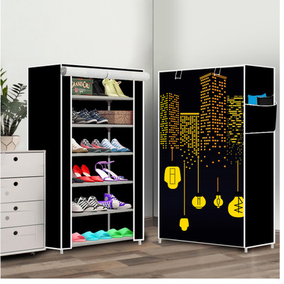 YUMESA 6 Shelf Foldable Collapsible ShoeRack Plastic Collapsible Shoe Stand(11-Black Building print, 6 Shelves, DIY(Do-It-Yourself))