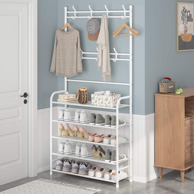 ADA 5-Tier Shoe Storage Organizer Rack Stand With 8 Hanger Hooks, Cloth Garment Rack Metal Shoe Rack  (White, 5 Shelves, DIY(Do-It-Yourself)) For Rs. 1260 @ 58 %