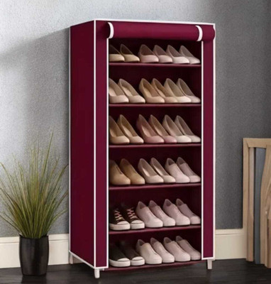CHOUXPRO Foldable 6-Layer Shoe Rack with Cover | Dustproof & Portable Plastic Collapsible Shoe Stand(MAROON, 6 Shelves, DIY(Do-It-Yourself))