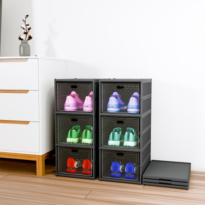 KUBER INDUSTRIES 2 Pcs Foldable 3-Tier Storage Rack for Shoe, Slippers & Books | Grey Plastic Shoe Rack(Grey, 6 Shelves, DIY(Do-It-Yourself))
