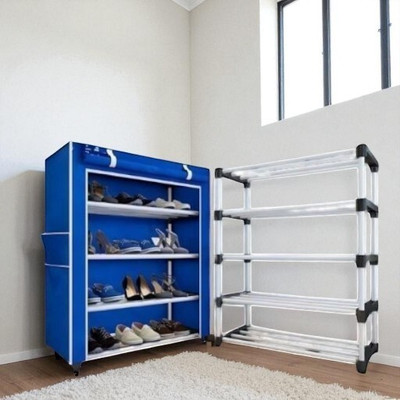 APOVERSEAS 4 Layer Multipurpose shoe rack stand/ Plastic Collapsible Shoe Stand(Blue, 4 Shelves, DIY(Do-It-Yourself))