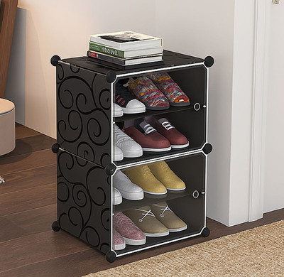 Sasimo 4-Shelf-2-Door Plastic Cubort Shoe Rack Plastic Collapsible Shoe Stand(Black-White, 4 Shelves, DIY(Do-It-Yourself))