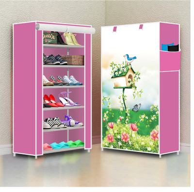 YUMESA 6 Shelf Foldable Collapsible ShoeRack Plastic Collapsible Shoe Stand(34 - Tree House PINK, 6 Shelves, DIY(Do-It-Yourself))