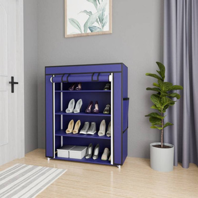 ShelfKing Multipurpose 4 Shelves Rack With Zip Door, Dustproof Cover & Side Pockets Metal Shoe Stand(Blue, 4 Shelves, DIY(Do-It-Yourself))