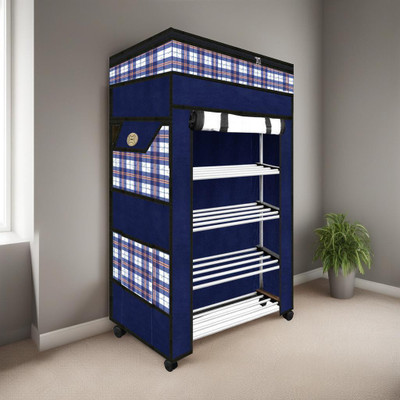 TNT Multipurpose Foldable Shoe Rack for Home with Cover | 360 ° Rotating Wheels Metal, Plastic Collapsible Shoe Stand(Blue, 4 Shelves, DIY(Do-It-Yourself))