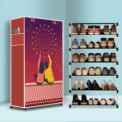 Safeheed 6 Tier Foldable Shoe Rack – Space Saver, Universal for Entry, Bedroom & Balcony Plastic Collapsible Shoe Stand(Couple Modern Printed(A6), 6 Shelves, DIY(Do-It-Yourself))