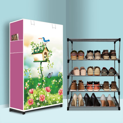 SHIFAN 4 Tier Foldable Shoe Rack – Space Saver, Universal for Entry, Bedroom & Balcony Metal Collapsible Shoe Stand(House Tree Pink Modern Printed(A4), 4 Shelves, DIY(Do-It-Yourself))