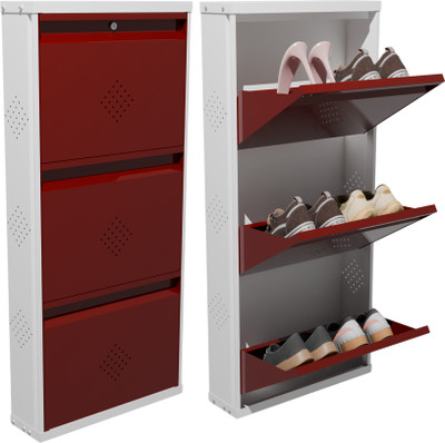 KRUGER 3 Door 20x43x5.5 inch 6 to 9 Shoe Capacity Wall Mounted Centralised Lock Metal Shoe Rack(Cream & Maroon, 3 Shelves, Pre-assembled)