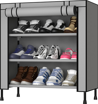 MY ARMOR 3-Tiers Shoe Rack w/ Zip Cover: Multipurpose Storage for Shoes, Toys, Clothes, Metal Collapsible Shoe Stand(Grey, 3 Shelves, DIY(Do-It-Yourself))