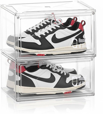 HOUSE OF QUIRK Large Shoe Boxes with Magnetic Door, Clear Stackable Plastic Shoe Containers Plastic Collapsible Shoe Stand(White, 2 Shelves, DIY(Do-It-Yourself))