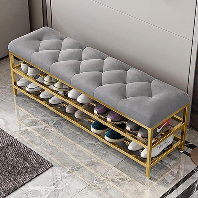 FlipsShoppee 2-Tier Metal Shoe Rack Bench With Cushion Seat And Golden Iron Frame Metal Shoe Rack(Grey And Gold, 3 Shelves, Pre-assembled)