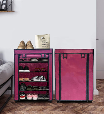 KOnline 5-Layer Shoe Rack with Dustproof Cover – Compact & Durable Collection Metal Collapsible Shoe Stand(Maroon, 5 Shelves, DIY(Do-It-Yourself))