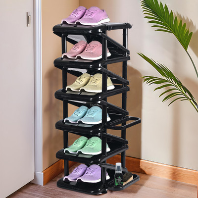 KUBER INDUSTRIES Foldable 6-Tier Plastic Shoe Stand with Side Hooks | Tower - Black Plastic Shoe Rack(Black, 11 Shelves, DIY(Do-It-Yourself))