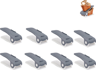 Fivean Shoe Slot Organizer Space Saver Double Deck Shoe Rack Adjustable Shoe Organizers Plastic Shoe Stand(Grey White, 8 Shelves, Pre-assembled)
