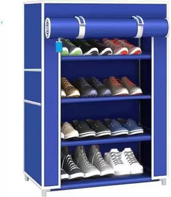 ks creation 4 Layer Multipurpose Folding Shoes Rack Cabinet with Wardrobe Cover { Red} Plastic Shoe Stand(Blue, 4 Shelves, DIY(Do-It-Yourself))