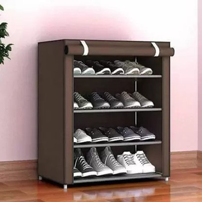 ks creation 4 Layer Multipurpose Folding Shoes Rack Cabinet with Wardrobe Cover { Red} Plastic Collapsible Shoe Stand(Brown, 4 Shelves, DIY(Do-It-Yourself))