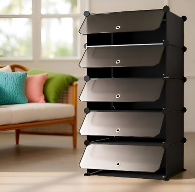 AD-RML DIY 5 Layer Folding Shoe Rack | Portable Plastic & Metal Organizer Stand Metal, Plastic Collapsible Shoe Stand(Black + White, 5 Shelves, DIY(Do-It-Yourself))