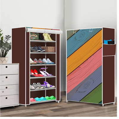 RJ CREATION 6 Shelf Foldable Collapsible ShoeRack Plastic Shoe Stand(16|Colorful Wood Print, 6 Shelves, DIY(Do-It-Yourself))