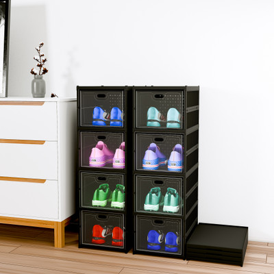 KUBER INDUSTRIES 2 Pcs Foldable 4-Tier Storage Rack for Shoe, Slippers & Books | Matte Black Plastic Shoe Rack(Black, 8 Shelves, DIY(Do-It-Yourself))