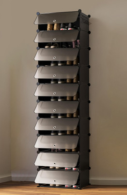 Keekos 10-Shelf-10-Door Plastic Cubort Shoe Rack Metal Collapsible Shoe Stand(Black-10, 10 Shelves, DIY(Do-It-Yourself))