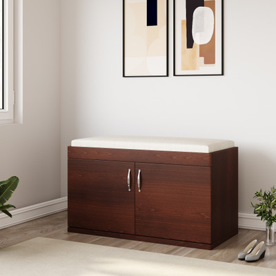 Allie Wood Modern Wood 2 Door Shoe Cabinet Storage Bench Engineered Wood Shoe Rack(Walnut Finish, 2 Shelves, Pre-assembled)