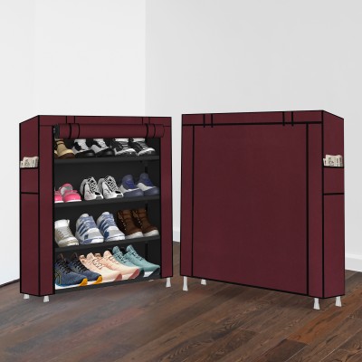 Jolbee 4 Layer Wardrobe Non Woven Fabric & Multipurpose Storage Rack Dustproof Cover Plastic Collapsible Shoe Stand(Maroon, 4 Shelves, DIY(Do-It-Yourself))