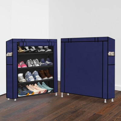 Jolbee 4 Layer Wardrobe Non Woven Fabric & Multipurpose Storage Rack Dustproof Cover Plastic Collapsible Shoe Stand(Blue, 4 Shelves, DIY(Do-It-Yourself))