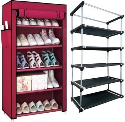 QURACK Multipurpose 5 Tiers Shoe Rack with Zip Door Cover&Side Pockets,Multiuse Storage Metal Shoe Rack(Maroon, 5 Shelves, DIY(Do-It-Yourself))