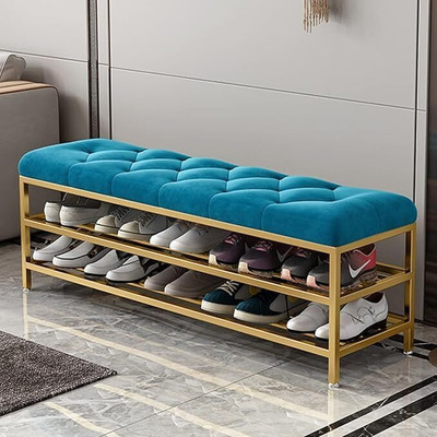 FlipsShoppee 2-Tier Metal Shoe Rack Bench With Cushion Seat And Golden Iron Frame Metal Shoe Rack(Blue Gold, 3 Shelves, Pre-assembled)