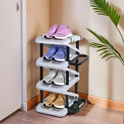 KUBER INDUSTRIES Foldable 4-Tier Plastic Shoe Stand with Side Hooks | Tower - Light Grey Plastic Shoe Rack(Grey, 7 Shelves, DIY(Do-It-Yourself))