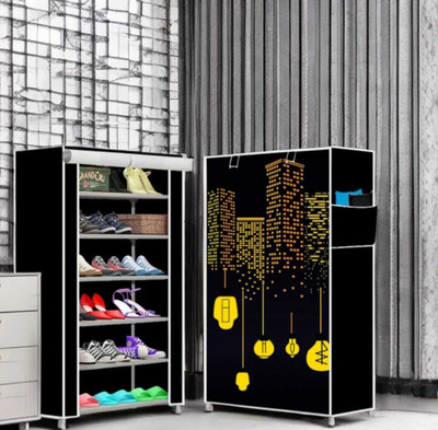 ZENVEXYO Foldable 6-Layer Shoe Rack with Cover | Dustproof & Portable Plastic Collapsible Shoe Stand(PRINTED BLACK, 6 Shelves, DIY(Do-It-Yourself))