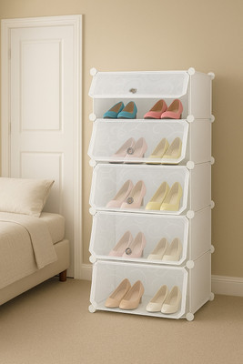 KriShyam ® Portable Shoe Rack Organizer, Plastic Cube Storage 10 Pair Tower 5 door Plastic Collapsible Shoe Stand(WHITE, 5 Shelves, DIY(Do-It-Yourself))