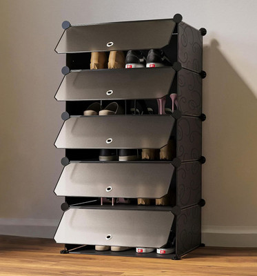 Sasimo 5-Shelf-5-Door Plastic Cubort Shoe Rack Plastic Collapsible Shoe Stand(Black, 5 Shelves, DIY(Do-It-Yourself))