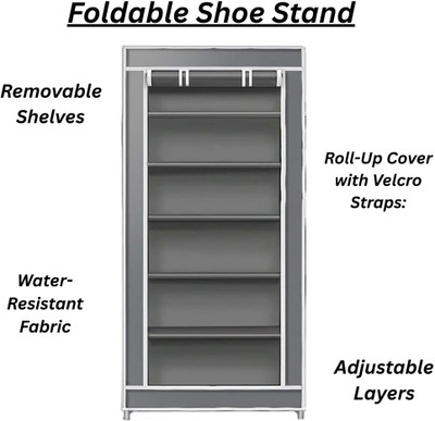 SRMJ Grey Portable Shoe Rack with Shelves | Fabric Closet Storage Organizer” Plastic Shoe Rack(Grey, 6 Shelves, DIY(Do-It-Yourself))