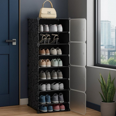 PYXBE 4-Shelf-3-Door Plastic Shoe Rack For Home Kids Shoe Stand Organizer Collapsible Plastic Shoe Rack(Black, 8 Shelves, DIY(Do-It-Yourself))