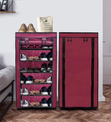 RAXON WORLD 6-Layer Shoe Rack with Dustproof Cover – Compact & Durable Collection Metal Collapsible Shoe Stand(Maroon, 6 Shelves, DIY(Do-It-Yourself))
