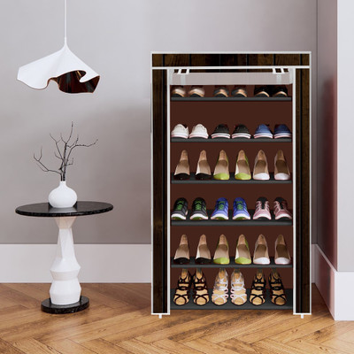 APNEK Multi-Layer Foldable Shoe Rack with Dustproof Cover Plastic Collapsible Shoe Stand(Brown_17, 6 Shelves, DIY(Do-It-Yourself))