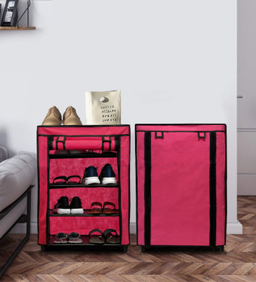 RAXON WORLD 4-Layer Shoe Rack with Dustproof Cover – Compact & Durable Collection Metal Collapsible Shoe Stand(Pink, 4 Shelves, DIY(Do-It-Yourself))