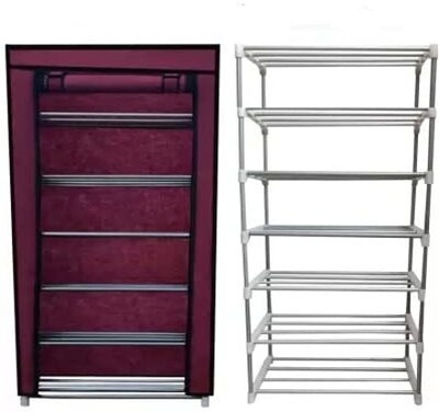 TURBOMAX Multipurpose shoe rack/Wardrobe Heavy Material PVC Plastic Pipes with cover Plastic Shoe Stand(Maroon, 6 Shelves, DIY(Do-It-Yourself))