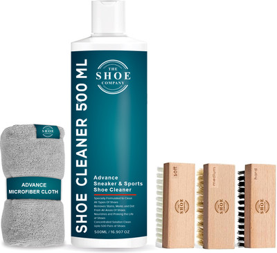 THE SHOE COMPANY Shoe Cleaner 500ml with Cleaning Cloth and 3 Brush Set for Complete Shoe Care Cleaner(Generic, Leather, Nubuck, Nylon, Sports Shoes, Suede, Synthetic Leather, Velour, Blue)
