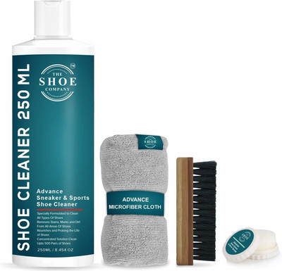 THE SHOE COMPANY Shoe & Sneaker Cleaner 250 Ml And 1 Brush And Shine Sponge And Microfiber Cloth Cleaner(Generic, Leather, Nubuck, Nylon, Sports Shoes, Suede, Synthetic Leather, Velour, Green)