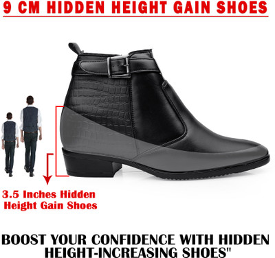 YUVRATO BAXI Men's 3.5 Inch Hidden Height Increasing Black Casual Buckle Formal Ankle Boot Slip On For Men(Black , 6)
