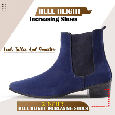 Baxxico Men's Height Increasing Suede Chelsea Slip-on Block Heel Boots Boots For Men(Blue , 5)
