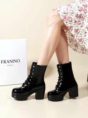 Franino Paris Bold and Breezy Black Patent Ankle Length Lace Up Heeled Boots for Women & Girls Boots For Women(Black , 4)