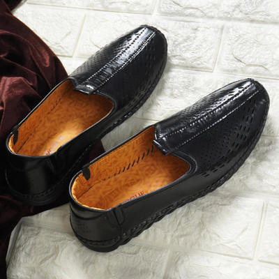 PROVOGUE Men’s Handmade Sole Stitch Loafers | Synthetic Leather Party Wear Shoes Loafers For Men(Black , 7)