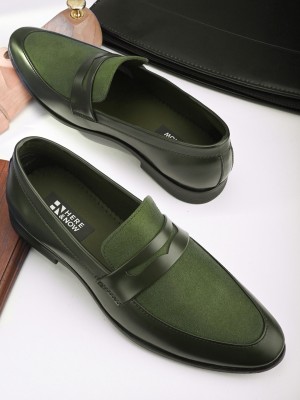 HERE&NOW Green Suede Formal Slip Ons Loafers For Men(Green , 9)