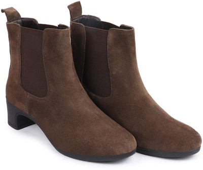 FAUSTO Flared Heel High Ankle Suede Leather Classic Winter Chelsea Boots For Women(Brown , 7)