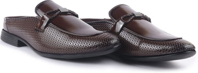 FAUSTO Bow Textured Back Open Party Formal Patent Leather Mules Shoes|Ethnic Kurta Shoe Slip On For Men(Tan , 7)